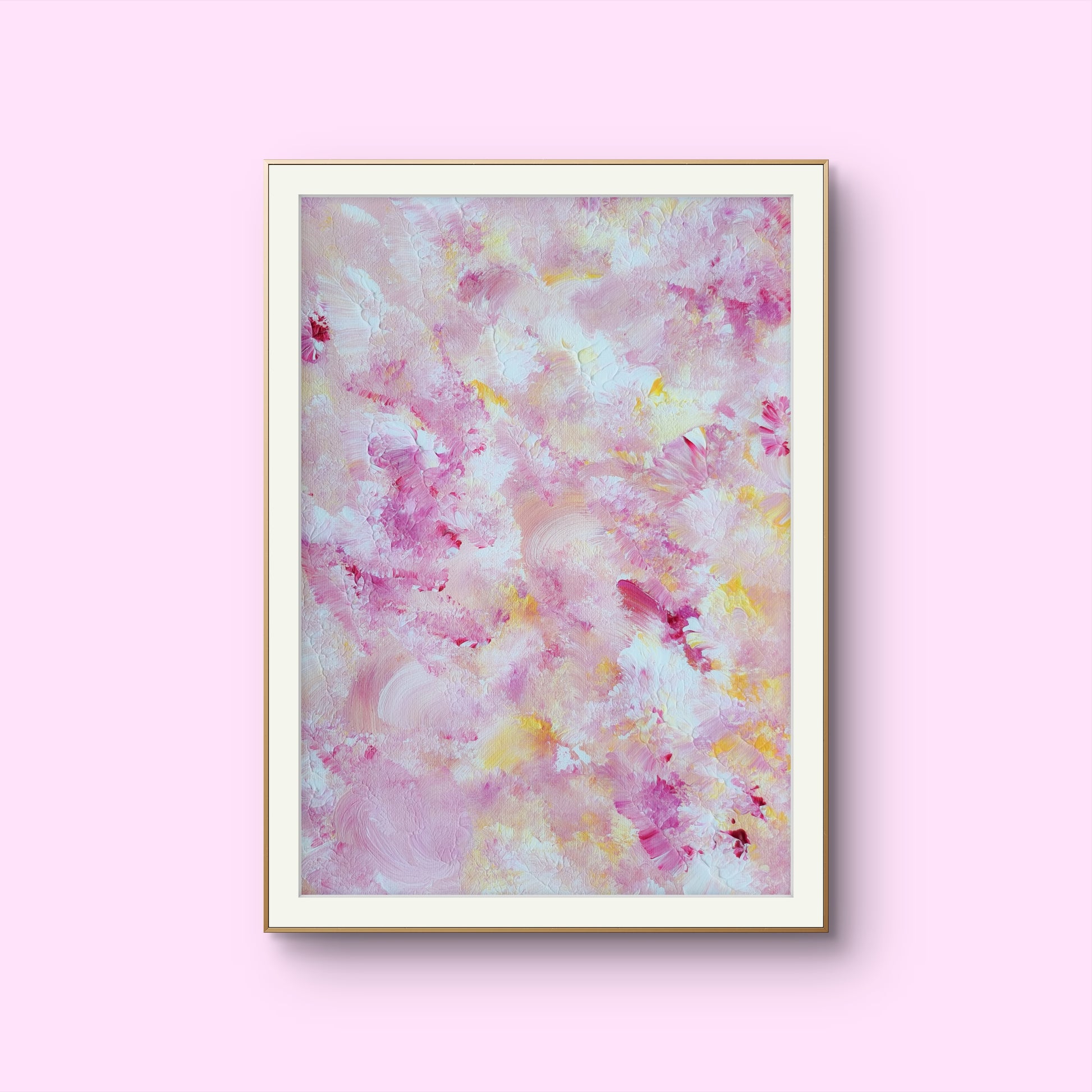 pastelpinkandyellow Feel good one of one-of-a-kind colorful art poster based on original abstract art created by up-and-coming artist Scandinavian Jeanette Haga as decor against a pink background