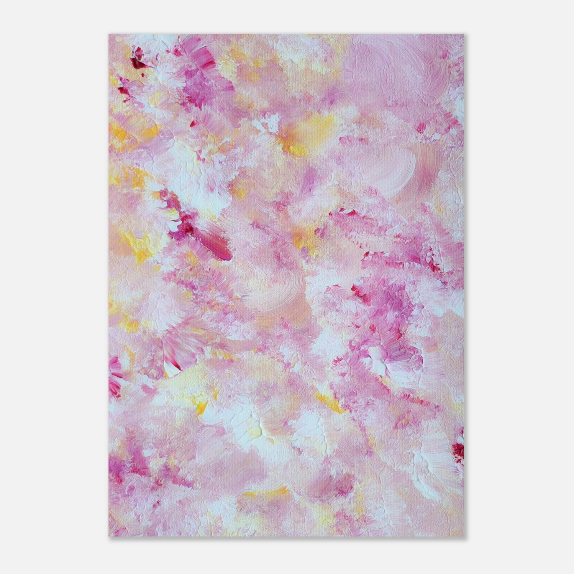 pastelpinkandyellow Feel good one of one-of-a-kind colorful art poster based on original abstract art created by up-and-coming artist Scandinavian Jeanette Haga as decor for modern home on a white wall
