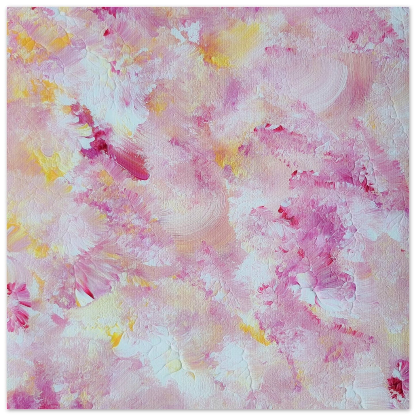 pastelpinkandyellow Feel good one of one-of-a-kind colorful art poster based on original abstract art created by up-and-coming artist Scandinavian Jeanette Haga as decor for modern home on a white wall
