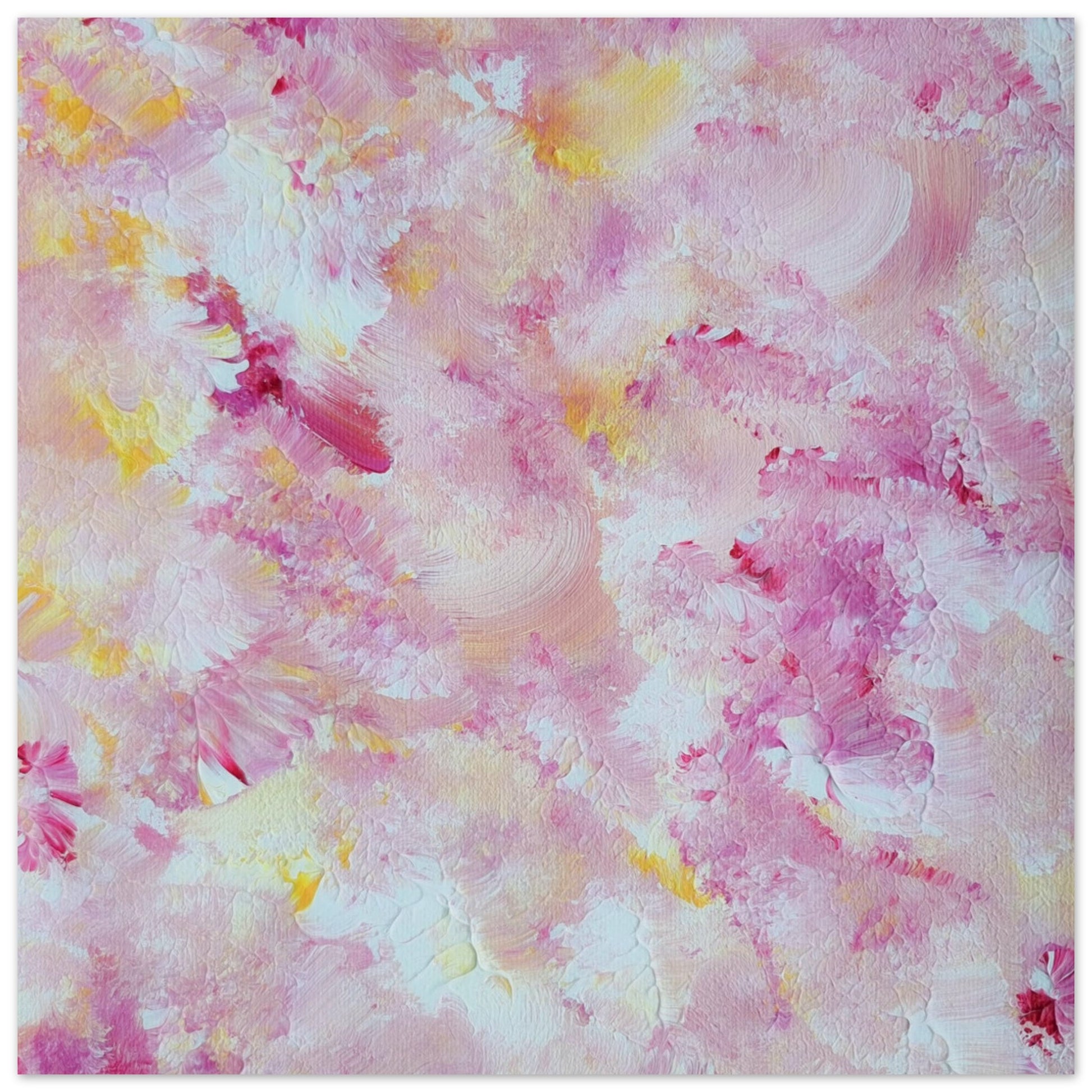 pastelpinkandyellow Feel good one of one-of-a-kind colorful art poster based on original abstract art created by up-and-coming artist Scandinavian Jeanette Haga as decor for modern home on a white wall
