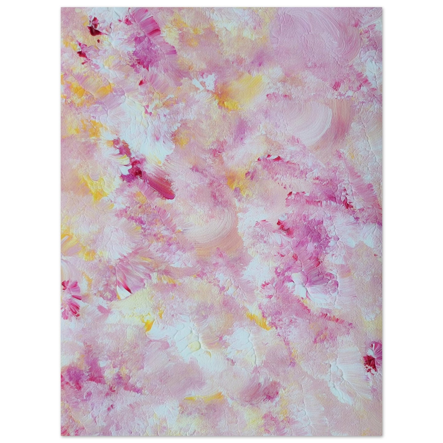 pastelpinkandyellow Feel good one of one-of-a-kind colorful art poster based on original abstract art created by up-and-coming artist Scandinavian Jeanette Haga as decor for modern home on a white wall
