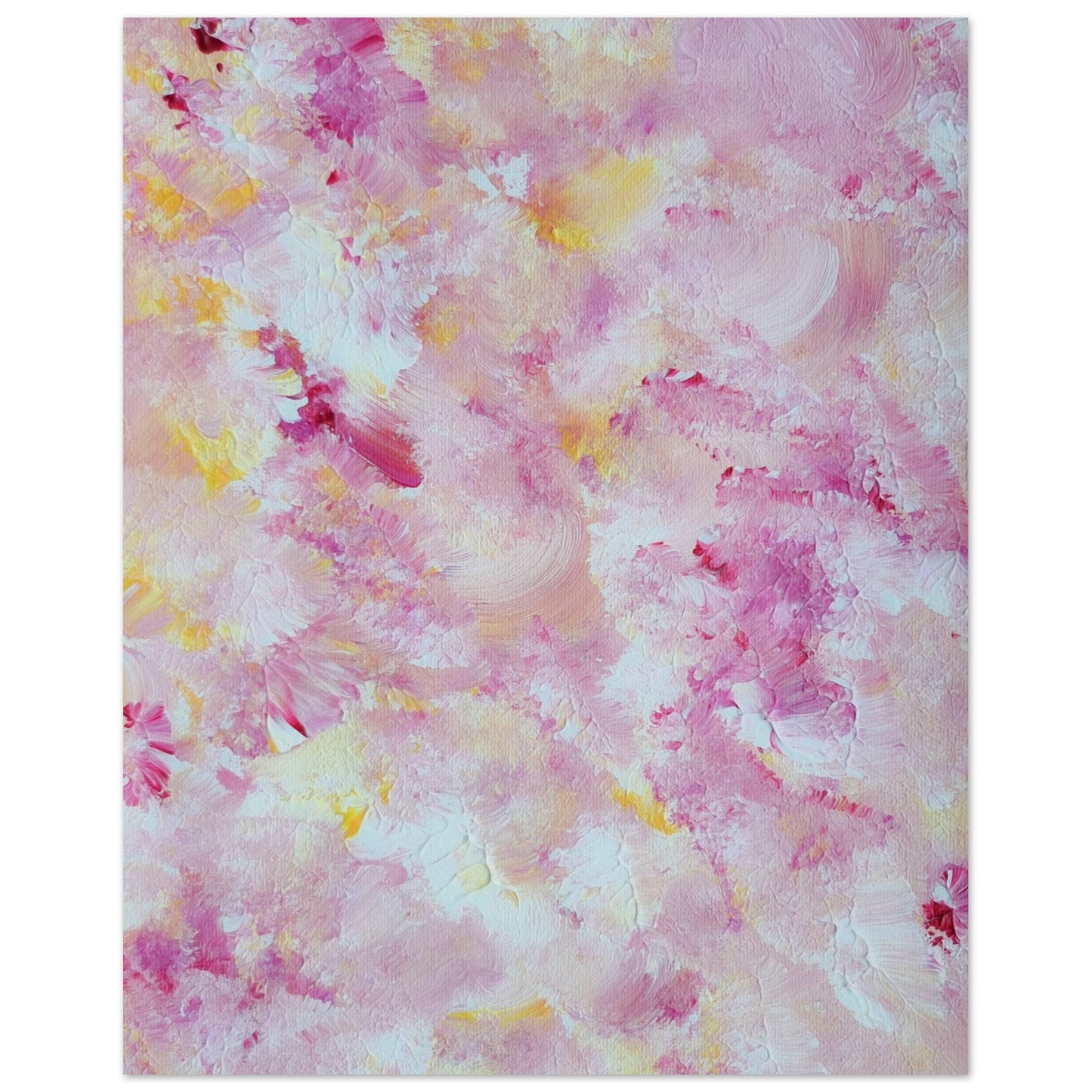 pastelpinkandyellow Feel good one of one-of-a-kind colorful art poster based on original abstract art created by up-and-coming artist Scandinavian Jeanette Haga as decor for modern home on a white wall
