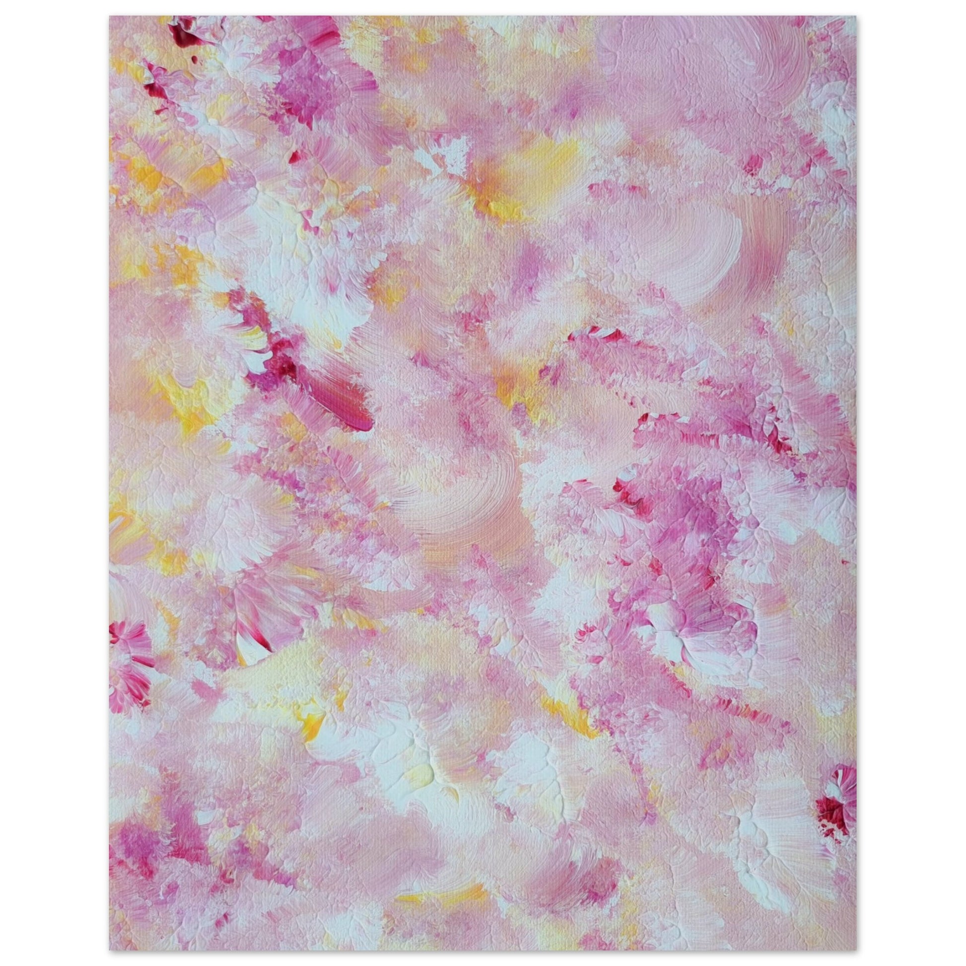 pastelpinkandyellow Feel good one of one-of-a-kind colorful art poster based on original abstract art created by up-and-coming artist Scandinavian Jeanette Haga as decor for modern home on a white wall
