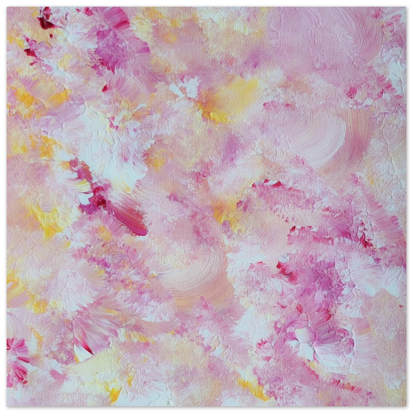 pastelpinkandyellow Feel good one of one-of-a-kind colorful art poster based on original abstract art created by up-and-coming artist Scandinavian Jeanette Haga as decor for modern home on a white wall
