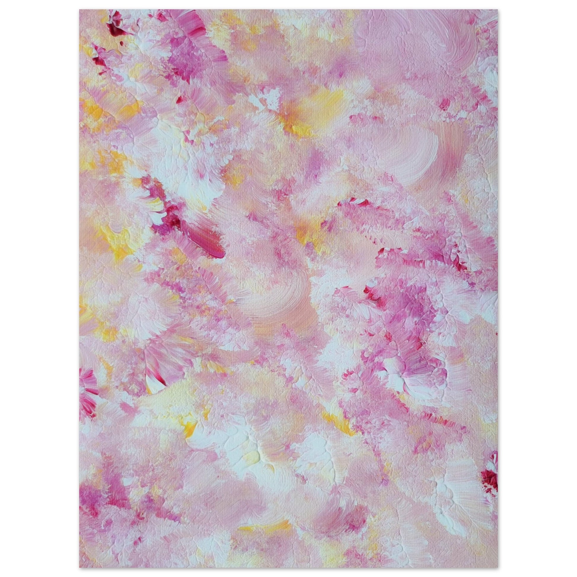 pastelpinkandyellow Feel good one of one-of-a-kind colorful art poster based on original abstract art created by up-and-coming artist Scandinavian Jeanette Haga as decor for modern home on a white wall
