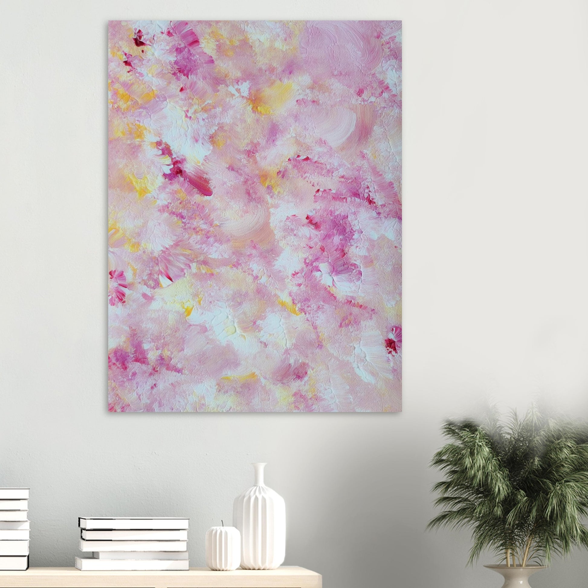 pastelpinkandyellow Feel good one of one-of-a-kind colorful art poster based on original abstract art created by up-and-coming artist Scandinavian Jeanette Haga as decor in modern living room on a white wall
