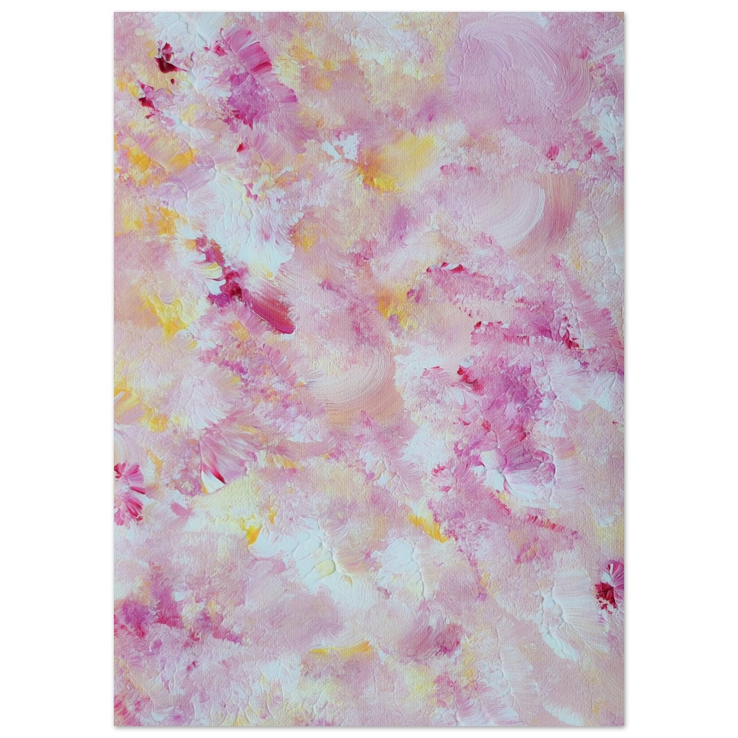 pastelpinkandyellow Feel good one of one-of-a-kind colorful art poster based on original abstract art created by up-and-coming artist Scandinavian Jeanette Haga as decor for modern home on a white wall
