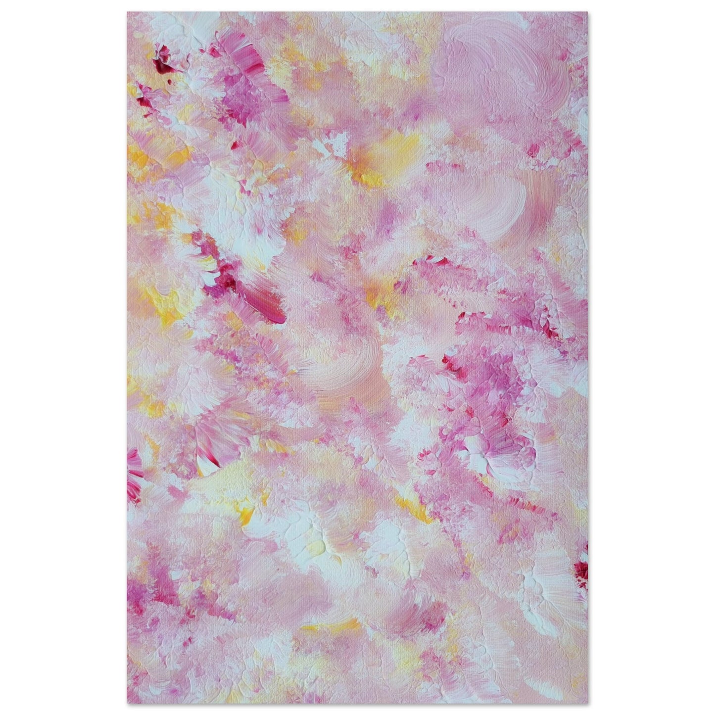 pastelpinkandyellow Feel good one of one-of-a-kind colorful art poster based on original abstract art created by up-and-coming artist Scandinavian Jeanette Haga as decor for modern home on a white wall
