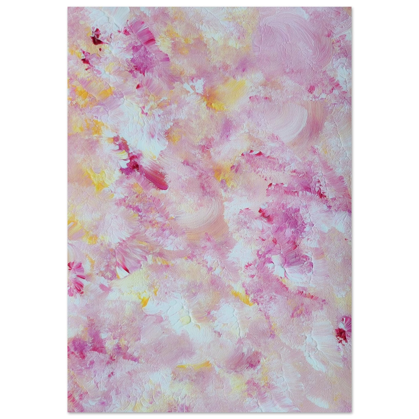 pastelpinkandyellow Feel good one of one-of-a-kind colorful art poster based on original abstract art created by up-and-coming artist Scandinavian Jeanette Haga as decor for modern home on a white wall
