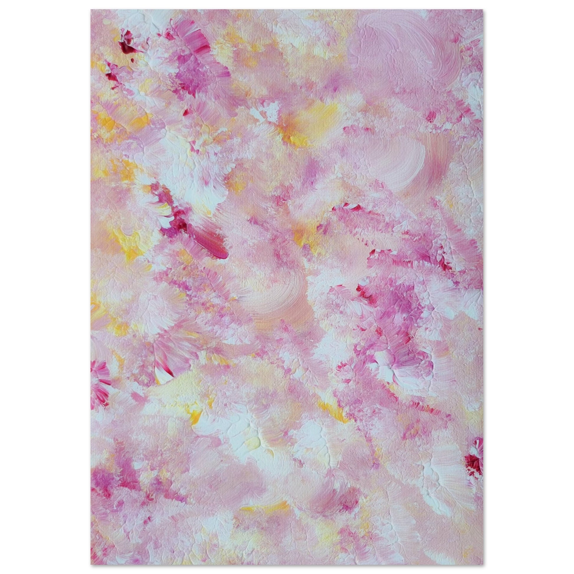 pastelpinkandyellow Feel good one of one-of-a-kind colorful art poster based on original abstract art created by up-and-coming artist Scandinavian Jeanette Haga as decor for modern home on a white wall
