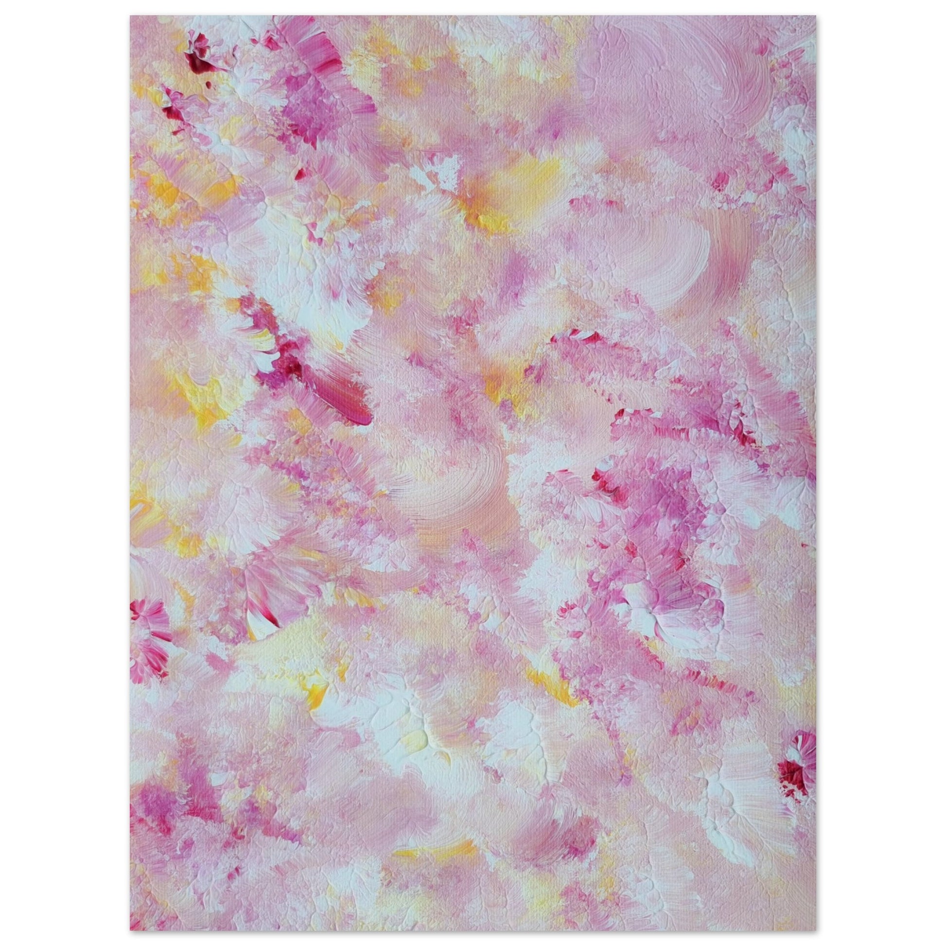 pastelpinkandyellow Feel good one of one-of-a-kind colorful art poster based on original abstract art created by up-and-coming artist Scandinavian Jeanette Haga as decor for modern home on a white wall
