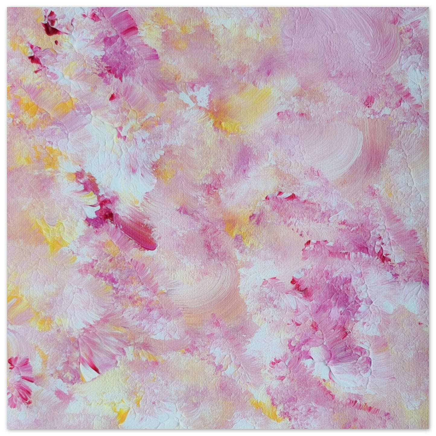 pastelpinkandyellow Feel good one of one-of-a-kind colorful art poster based on original abstract art created by up-and-coming artist Scandinavian Jeanette Haga as decor for modern home on a white wall
