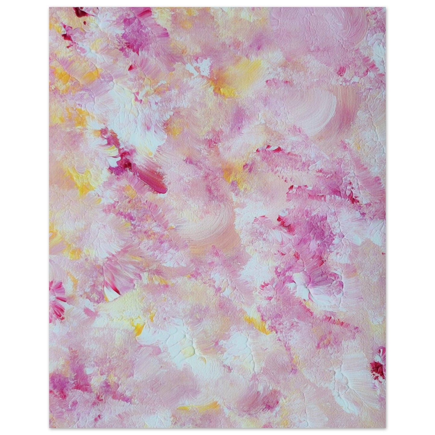 pastelpinkandyellow Feel good one of one-of-a-kind colorful art poster based on original abstract art created by up-and-coming artist Scandinavian Jeanette Haga as decor for modern home on a white wall
