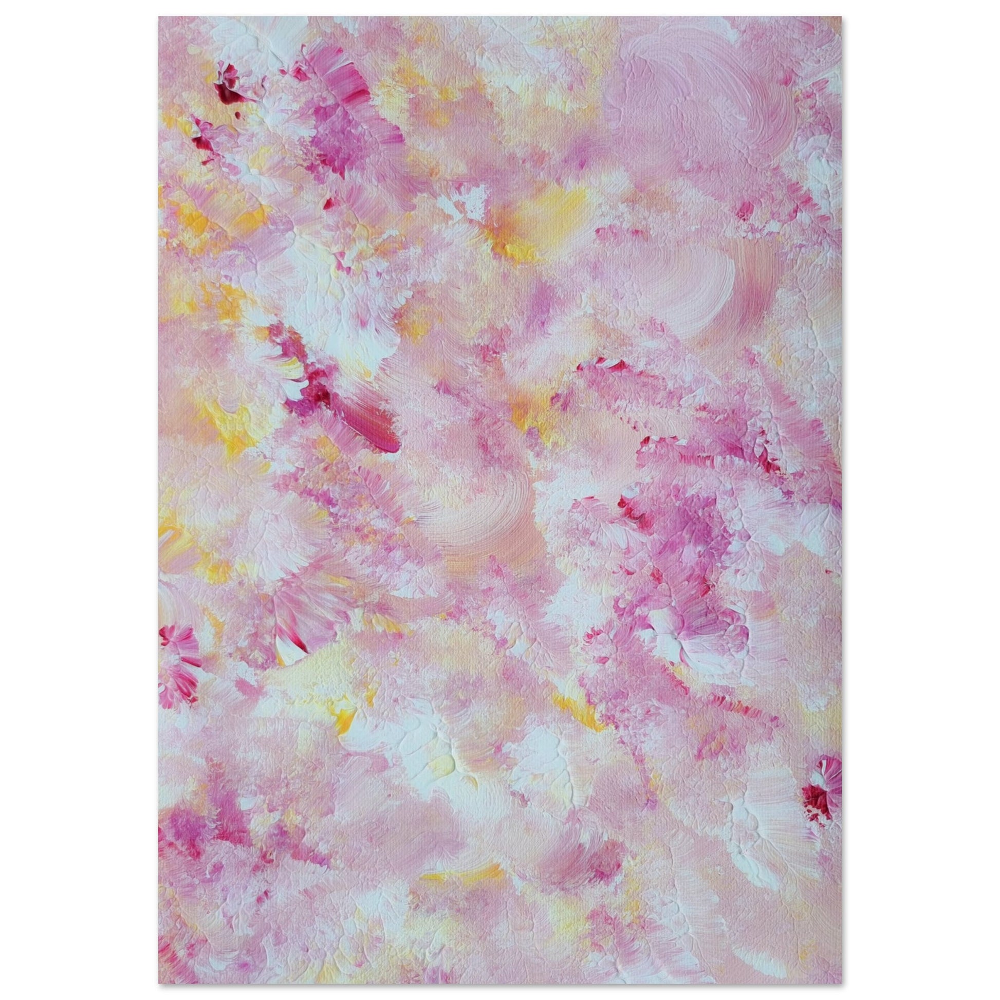 pastelpinkandyellow Feel good one of one-of-a-kind colorful art poster based on original abstract art created by up-and-coming artist Scandinavian Jeanette Haga as decor for modern home on a white wall
