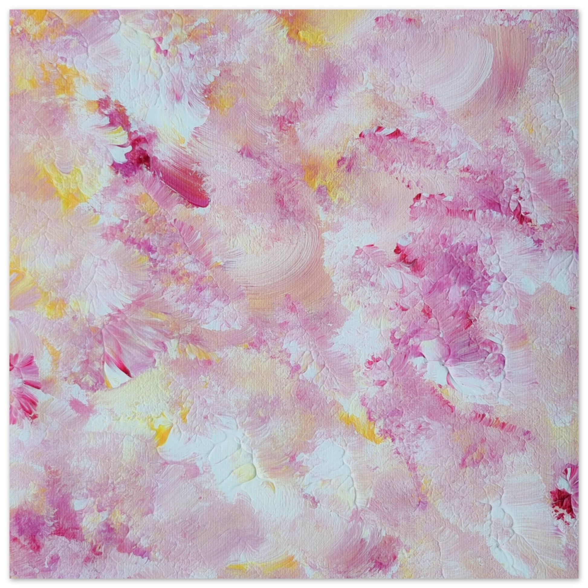 pastelpinkandyellow Feel good one of one-of-a-kind colorful art poster based on original abstract art created by up-and-coming artist Scandinavian Jeanette Haga as decor for modern home on a white wall
