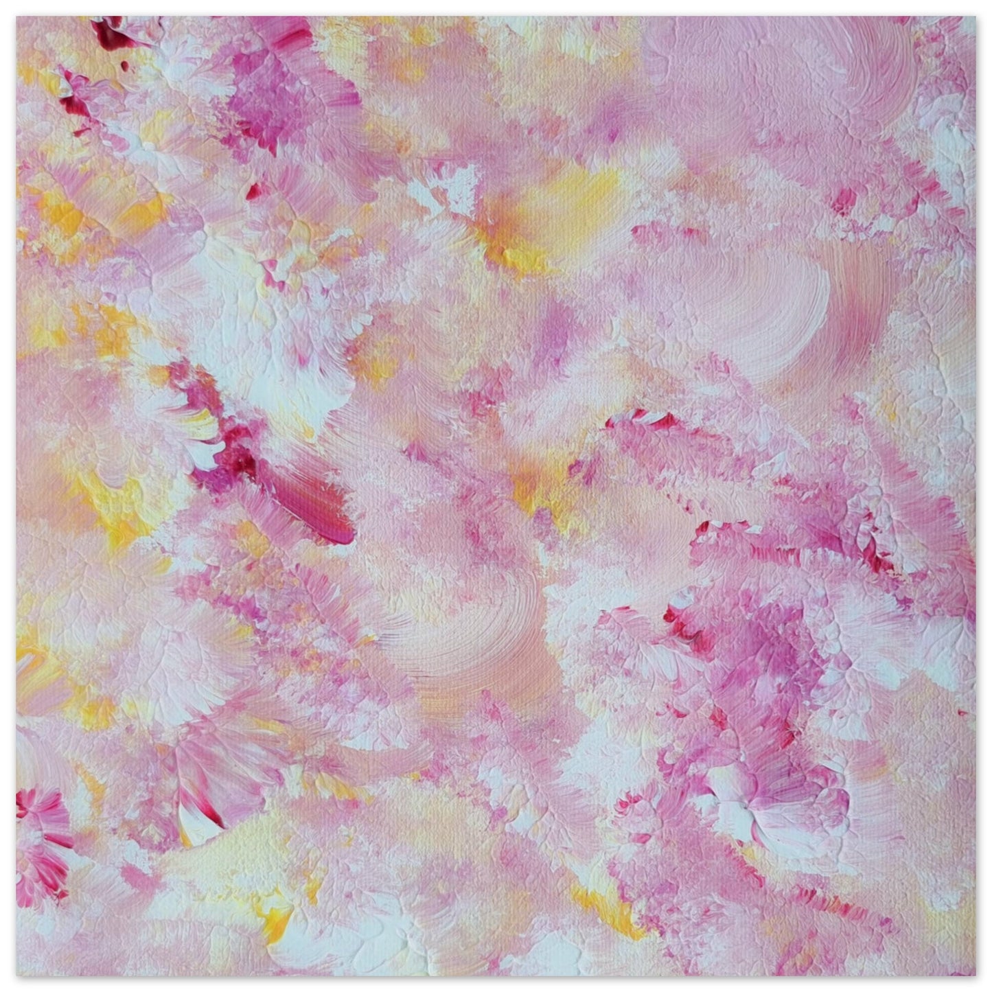 pastelpinkandyellow Feel good one of one-of-a-kind colorful art poster based on original abstract art created by up-and-coming artist Scandinavian Jeanette Haga as decor for modern home on a white wall
