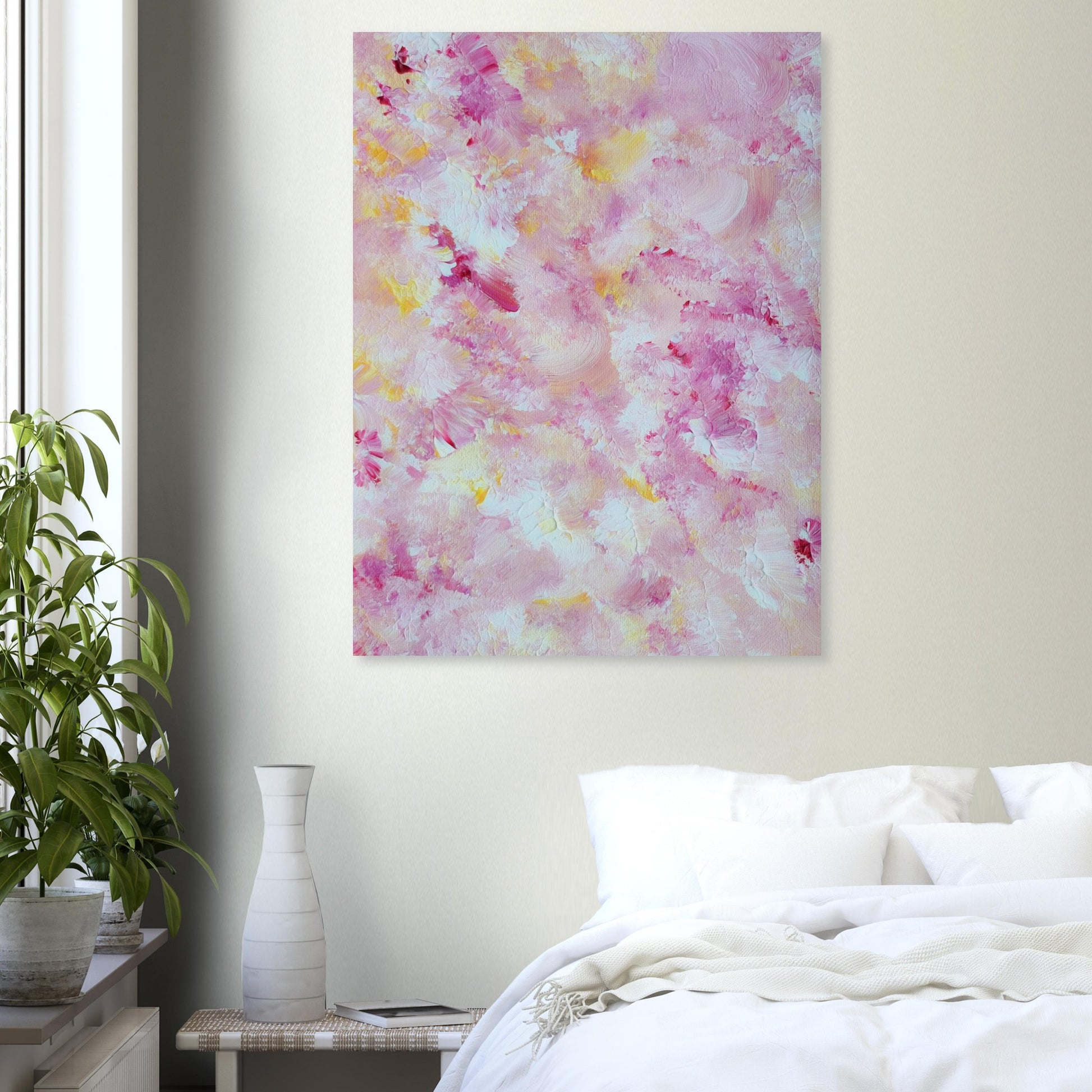 pastelpinkandyellow Feel good one of one-of-a-kind colorful art poster based on original abstract art created by up-and-coming artist Scandinavian Jeanette Haga as decor in a modern bedroom