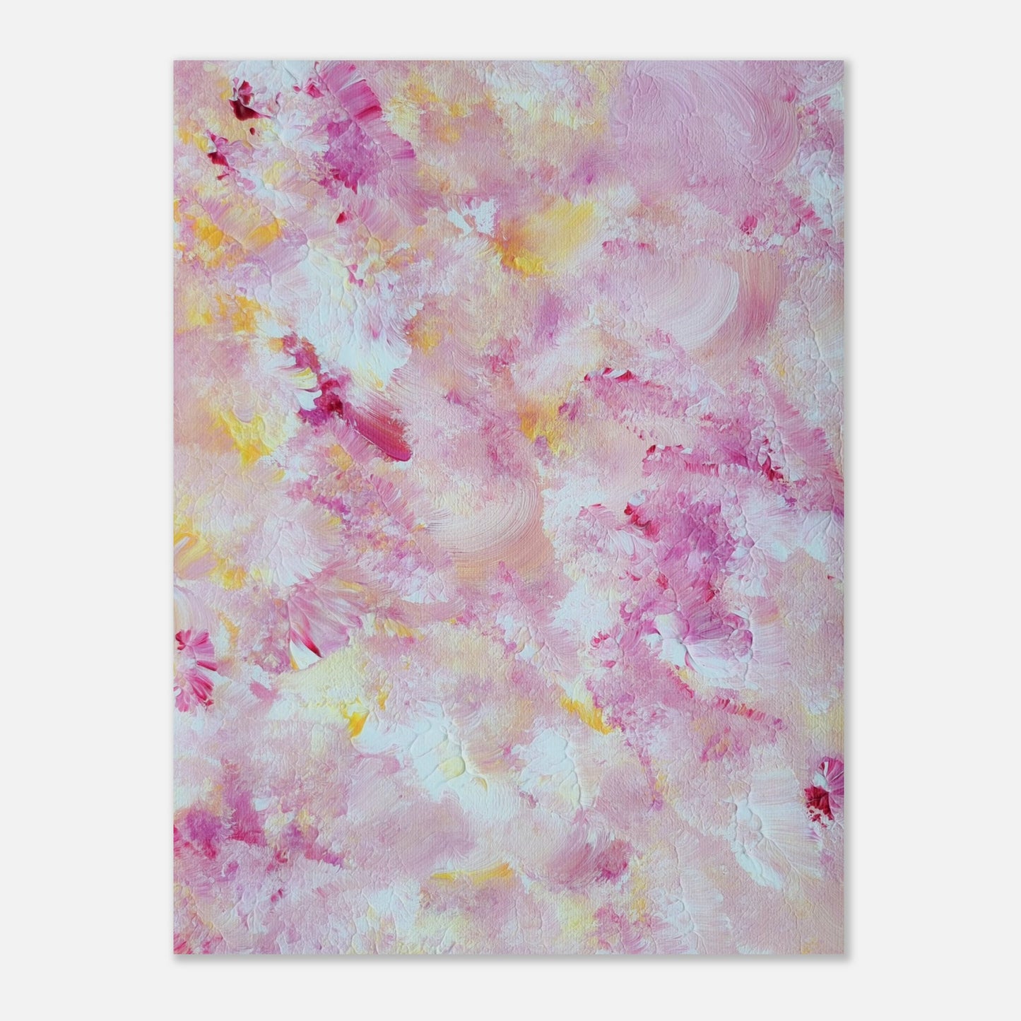 pastelpinkandyellow Feel good one of one-of-a-kind colorful art poster based on original abstract art created by up-and-coming artist Scandinavian Jeanette Haga as decor for modern home on a white wall
