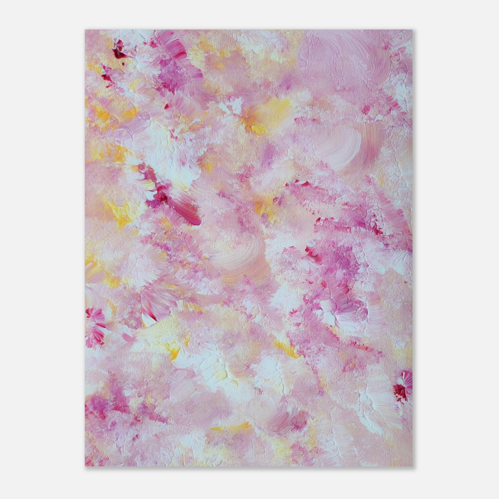 pastelpinkandyellow Feel good one of one-of-a-kind colorful art poster based on original abstract art created by up-and-coming artist Scandinavian Jeanette Haga as decor for modern home on a white wall
