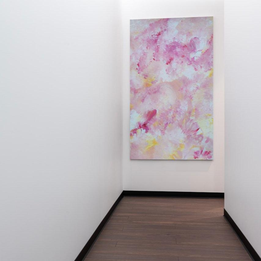 pastelpinkandyellow Feel good one of one-of-a-kind colorful art poster based on original abstract art created by up-and-coming artist Scandinavian Jeanette Haga as decor in modern home on a white wall
