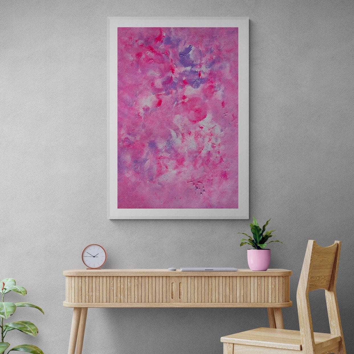 Bright pink, feel good one of a kind colorful abstract art poster based on original painting created by up and coming Scandinavian artist Jeanette Haga as decor for modern homes