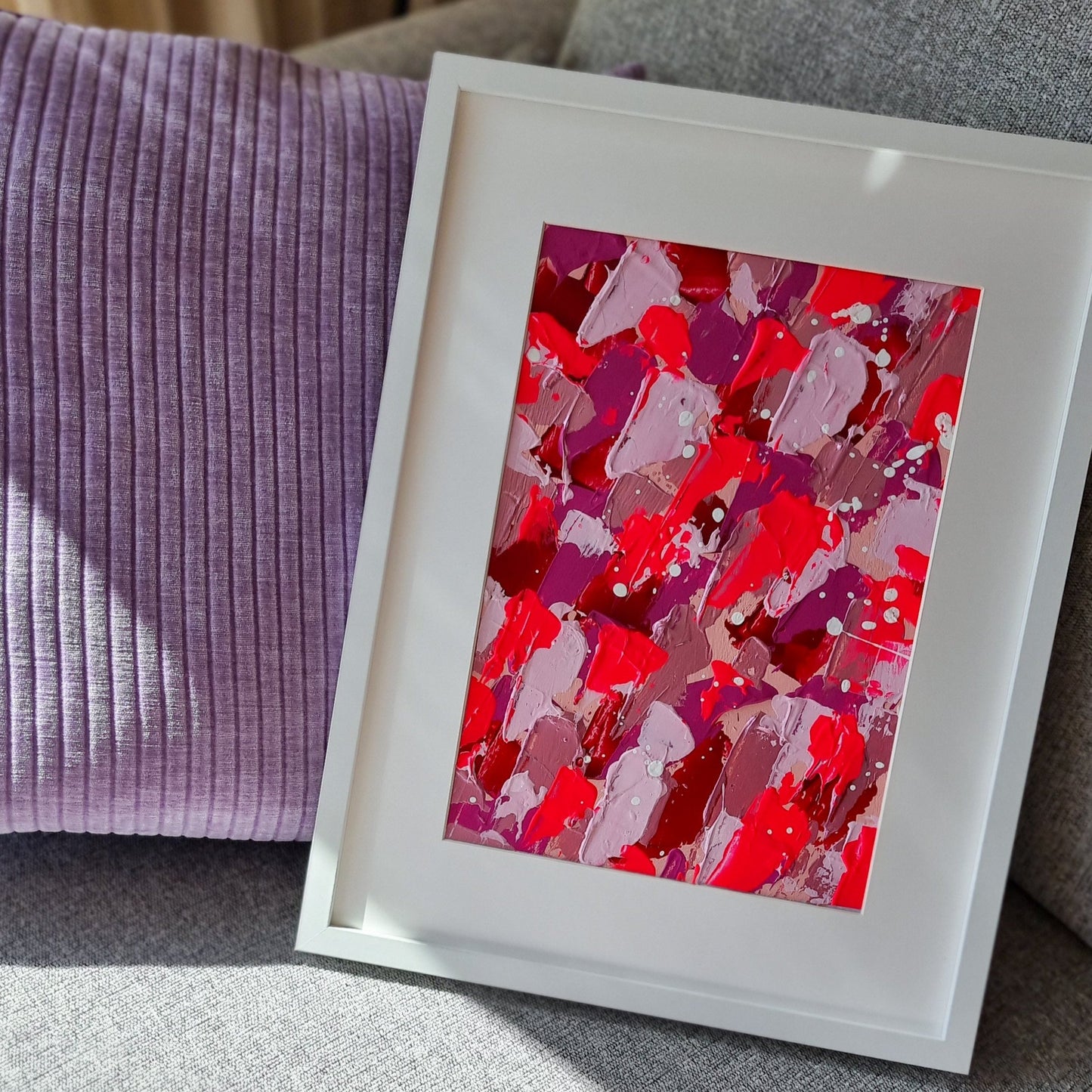 Bright pink Feel good one of one-of-a-kind colorful original abstract art created by up-and-coming artist Jeanette Haga as decor for modern homes