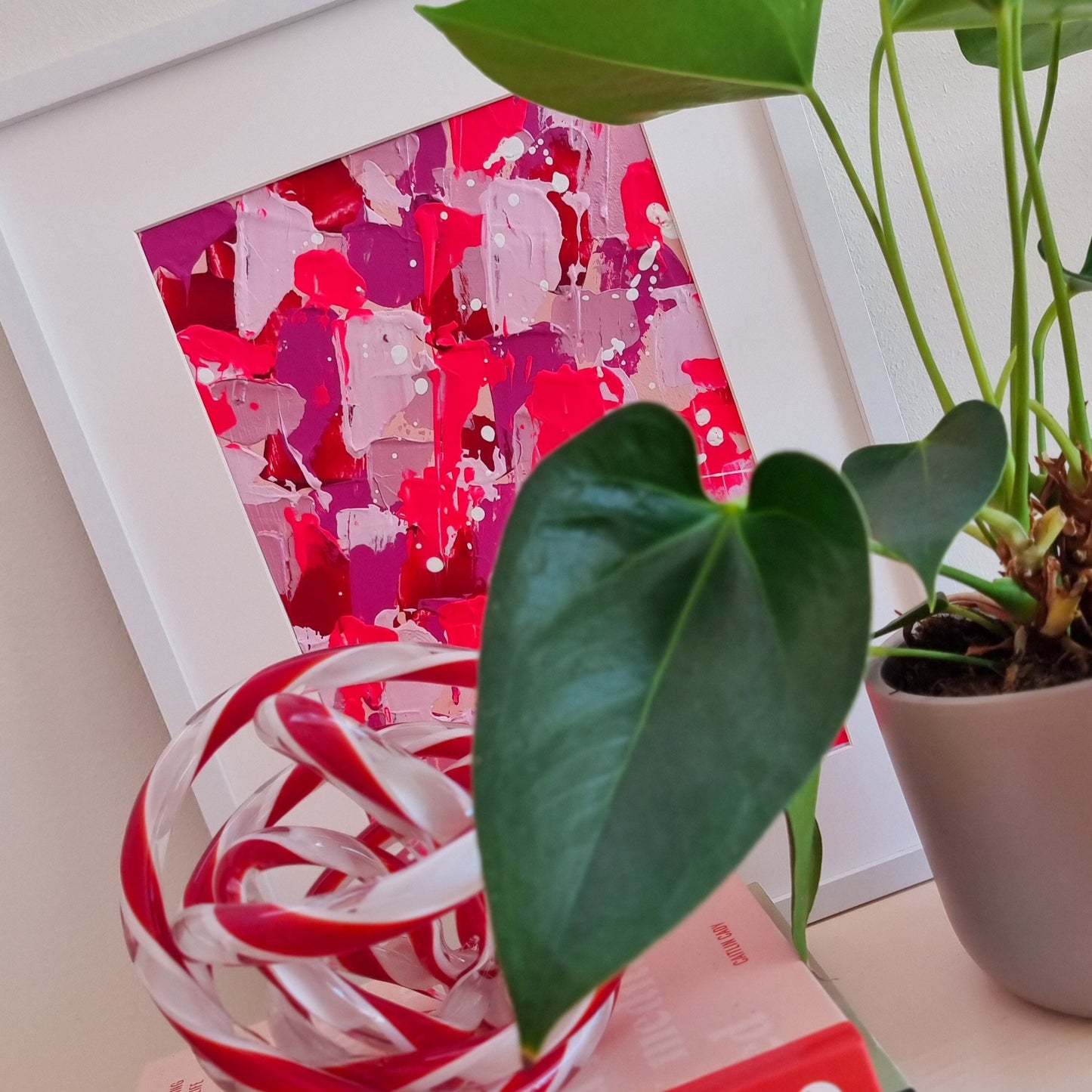 Bright pink Feel good one of one-of-a-kind colorful original abstract art created by up-and-coming artist Jeanette Haga as decor for modern homes