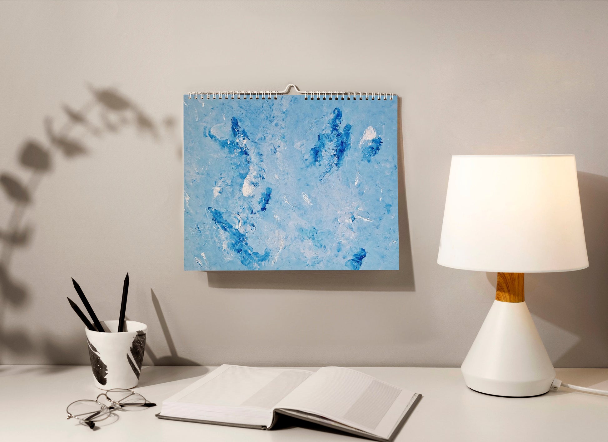 horizontal abstract art wall calendar 2026, 13 different designs ready to use as art prints for a colorful home or office decor.