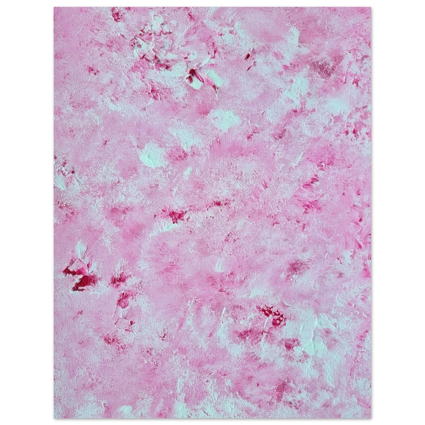 red and white abstract art poster created by jeanette haga against a white wall