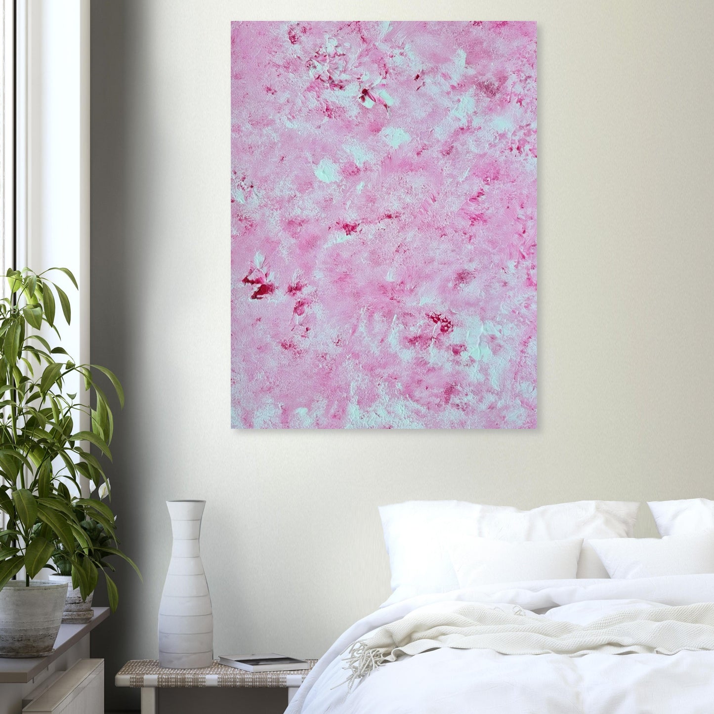 Vibrant Red and white Feel good one of one-of-a-kind colorful art poster based on original abstract art created by up-and-coming artist Scandinavian Jeanette Haga as decor in a modern bedroom
