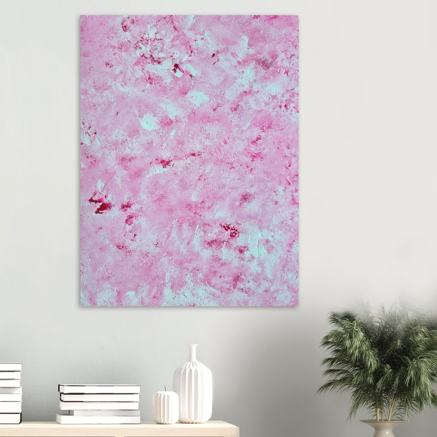 Vibrant Red and white Feel good one of one-of-a-kind colorful art poster based on original abstract art created by up-and-coming artist Scandinavian Jeanette Haga as decor in a modern living room 
