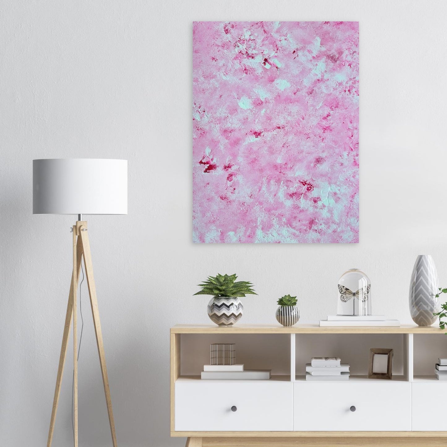 Vibrant Red and white Feel good one of one-of-a-kind colorful art poster based on original abstract art created by up-and-coming artist Scandinavian Jeanette Haga as decor for modern home on a white wall
