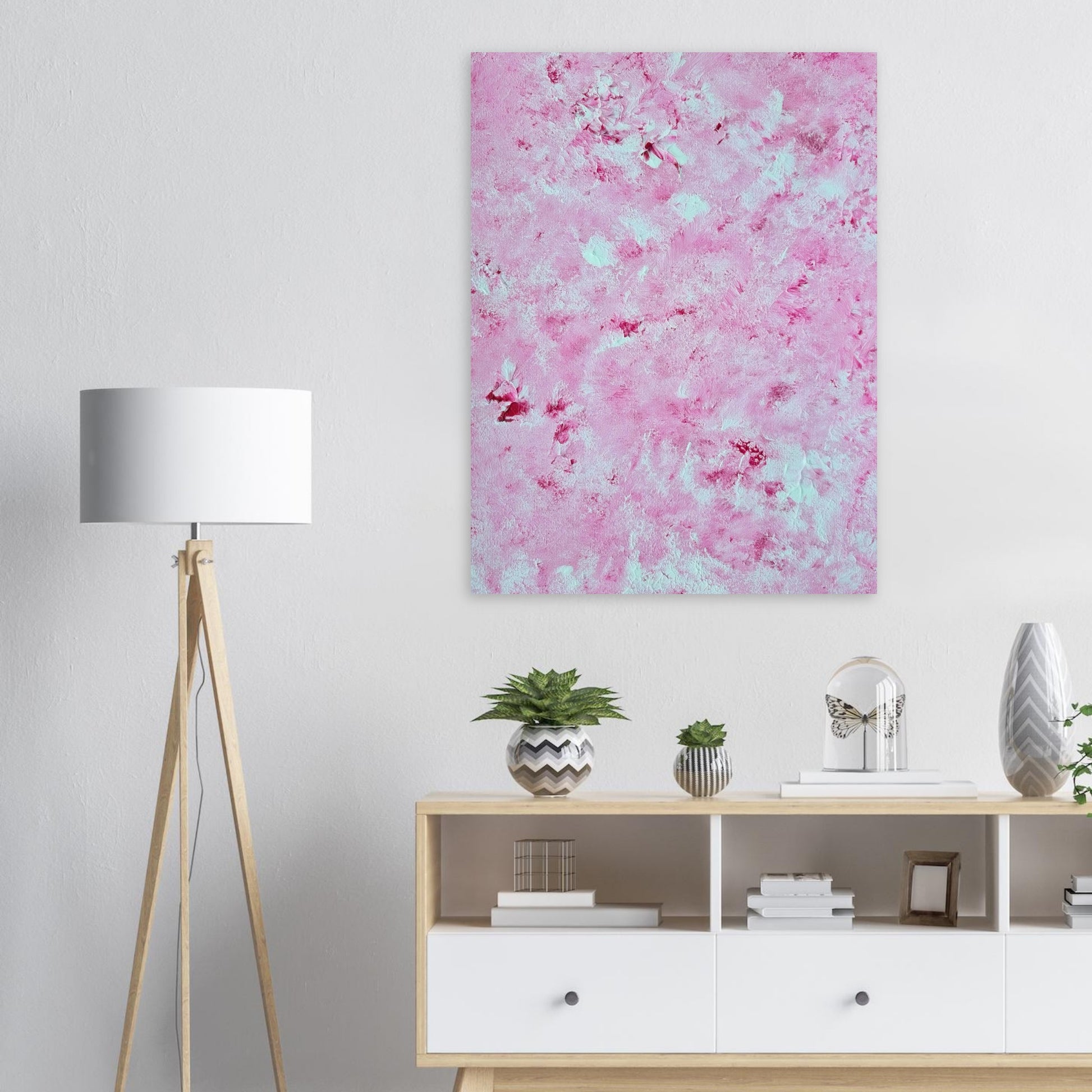 Vibrant Red and white Feel good one of one-of-a-kind colorful art poster based on original abstract art created by up-and-coming artist Scandinavian Jeanette Haga as decor for modern home on a white wall
