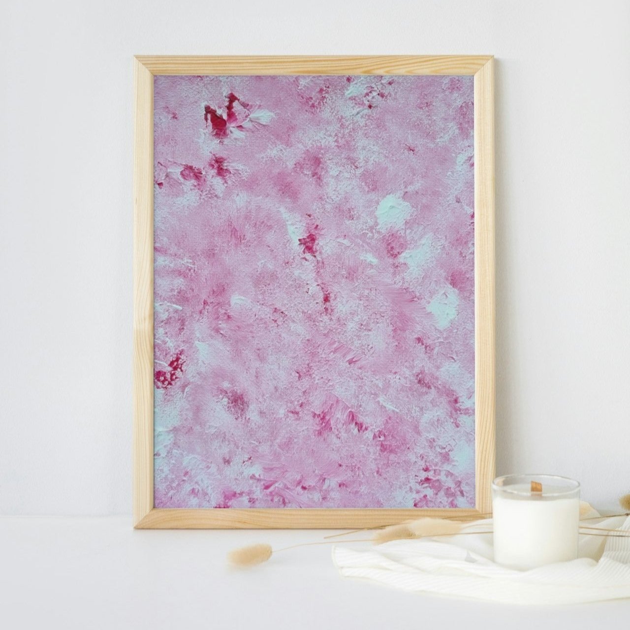 Vibrant Red and white Feel good one of one-of-a-kind colorful art poster based on original abstract art created by up-and-coming artist Scandinavian Jeanette Haga as decor for modern home on a white wall
