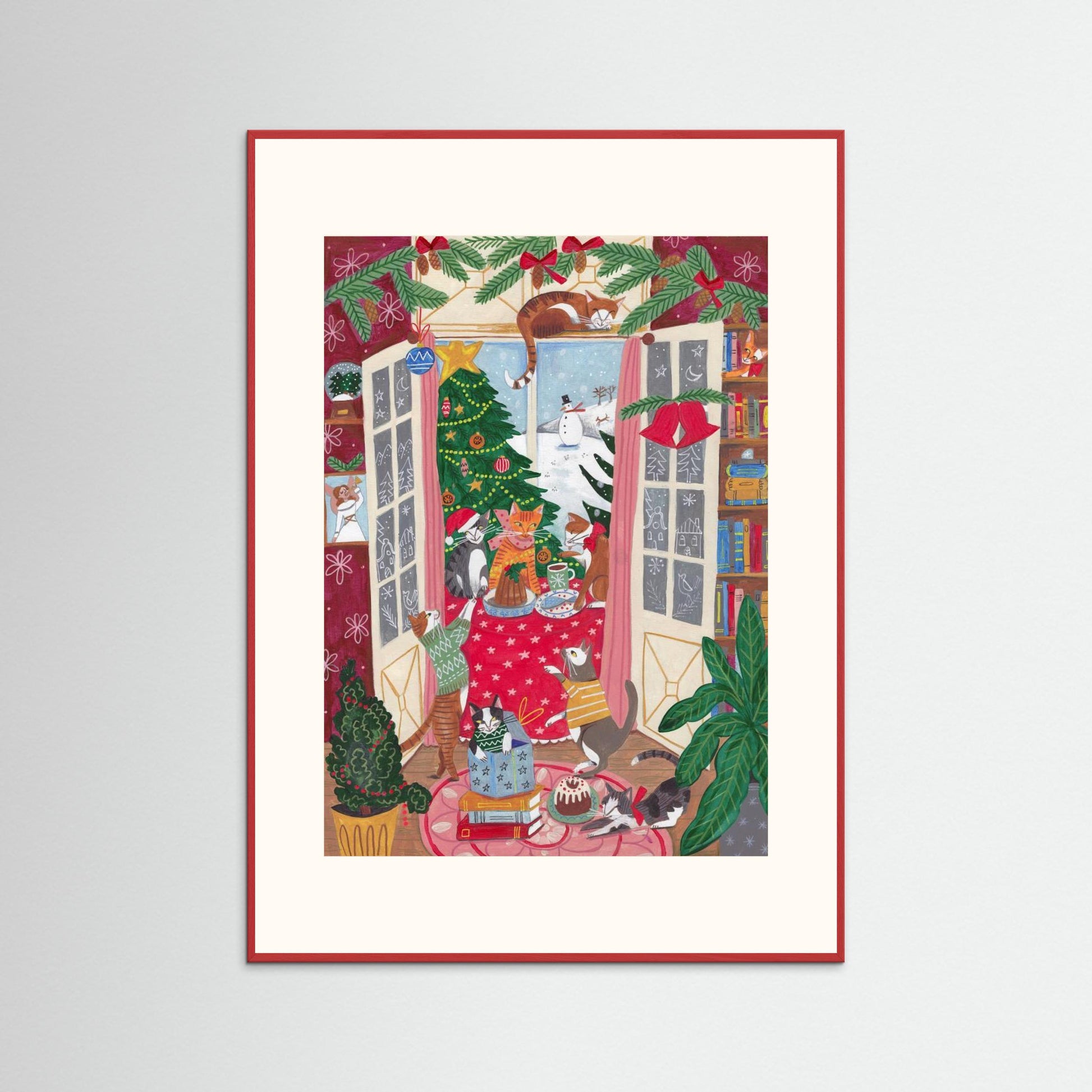 Cats in the Window at a Snowy Christmas in Bright Colours by Caroline Bonne Müller