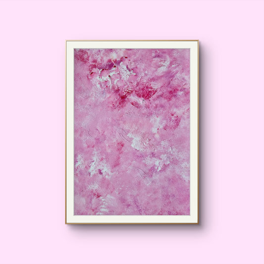 Red and white colorful abstract one of a kind original acrylic painting hanging vertically on a pink wall with a white passepartout and a thin modern interior golden frame