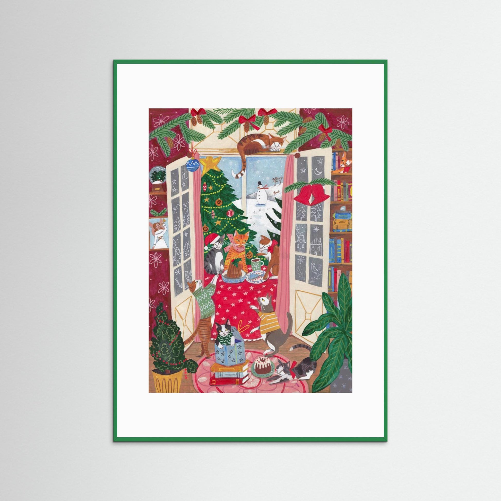 Cats in the Window at a Snowy Christmas in Bright Colours by Caroline Bonne Müller